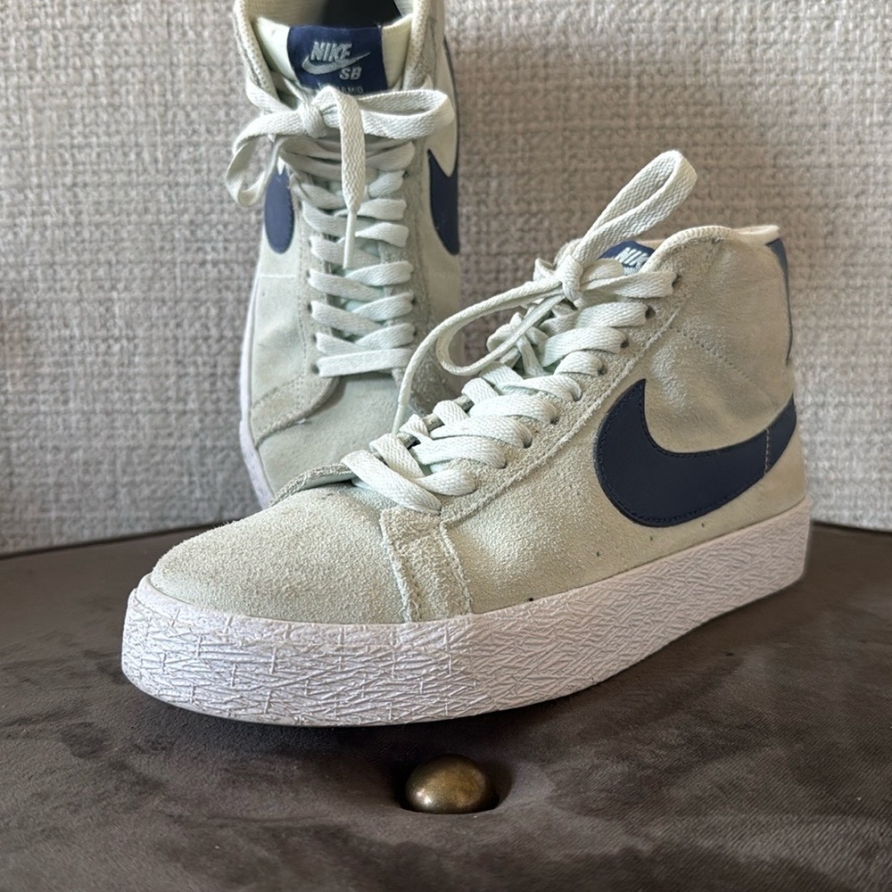 Nike Women's High-Top Suede Sneakers in Green with Blue Swoosh
